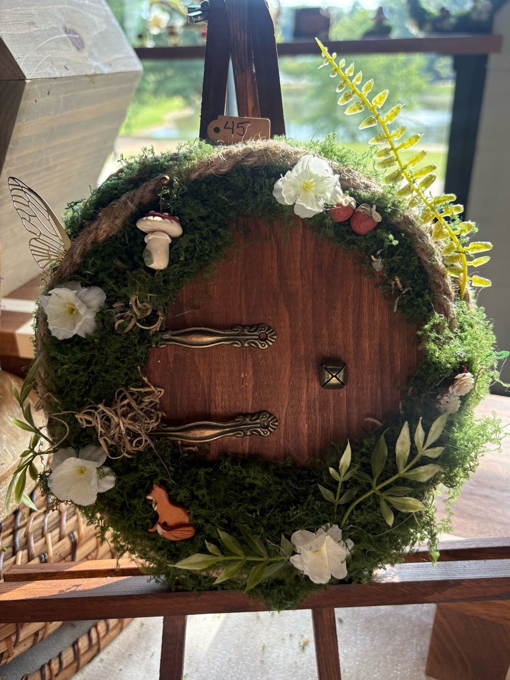 Handmade Woodland Moss Fairy Door with White Flowers